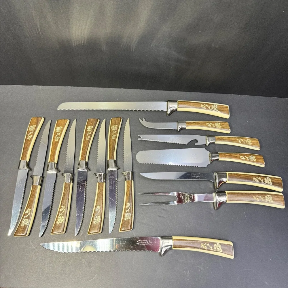 Lifetime Cutlery 15pc Knife Set Regent Sheffield Gold Rose Stainless Steel VTG‎